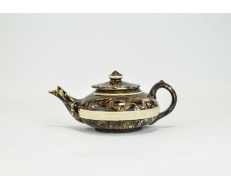 A Victorian Stoneware Tortoiseshell Finish Aladins Lamp Shaped Teapot. c.1860's. 3.5 Inches High & 7.75 Inches wide. Excellen