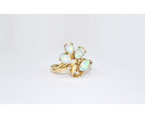 14ct Gold Opal and Diamond Dress Ring, The Opals of Good Colour, Marked 585. Ring Size N-O. Excellent Condition In All Aspect