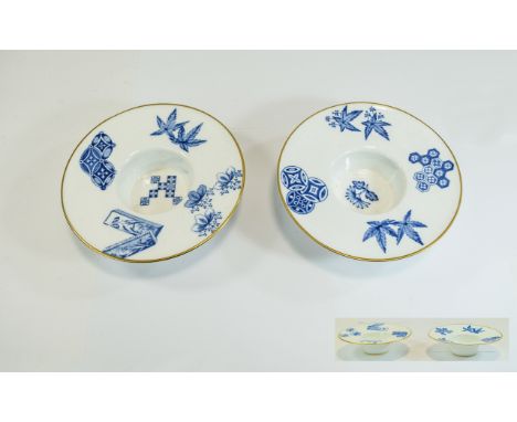 Worcester Aesthetic Period Very Fine Pair of Small Blue and White Circular Footed Dishes. Date 1877. Each 1.5 Inches High. Ea
