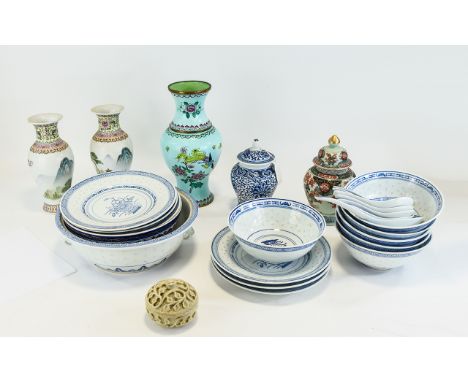 Collection Of Oriental Ceramics Approx 30 items in total to include, three vases, bowls, spoons, soapstone trinket box and Ca