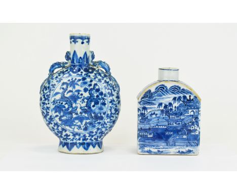 Chinese 19th Century Blue and White Porcelain Moon Flask, The Body with Foliate Decoration and Chrysanthemums Having Circular