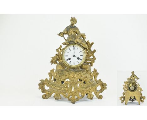 French Japy Freres Late 19thC Gilt Metal Ornate 8 Day Mantle Clock with figure of a classical woman to the top of clock. Hold