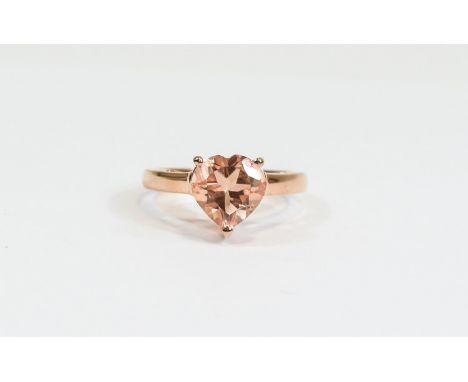 Blush Pink Quartz Heart Shaped Ring, a solitaire of 3.75cts of peachy blush pink coloured quartz, cut in a heart shape and se