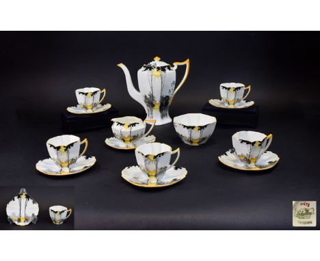 Shelley Art Deco 14 Piece Tea Service, Comprises 5 Cups and Saucers, Milk Jug and Sugar Bowl, Teapot + 1 Saucer ' Sunrise and