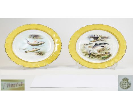 Royal Worcester Hand Painted Pair of Cabinet Plates, signed T.Harris, each showing a variety of fish in a natural setting, on