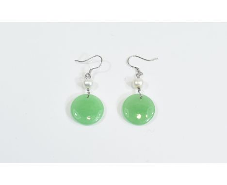 Green Jade and White Cultured Pearl Earrings, single discs of green jade, suspended below white fresh water pearls, on rhodiu