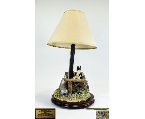 Border Fine Arts Figural Table Lamp - Titled ' In The Shade ' Border Collie Pups, Model No B0218, By Ray Ayres on Wood Base. 
