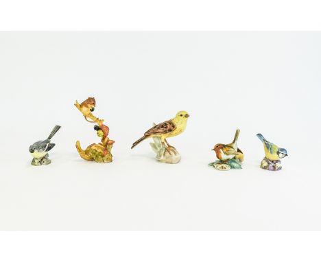 A Collection Of Ceramic Bird Figures 4 plus one other. The first a Beswick Grey Wagtail 1041. The second a Royal Worcester  B