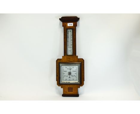 Art Deco Mahogany Inlaid Barometer, Square Silvered Dial With Chrome Mount, Angular Inlaid Mahogany Case, Length 22 Inches