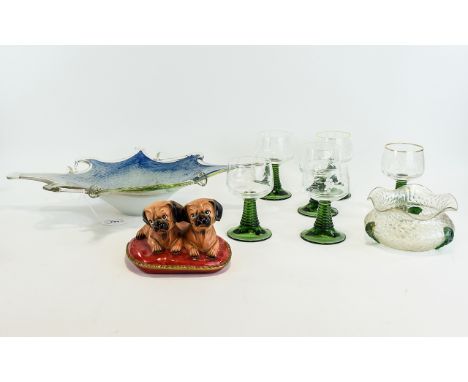 Assorted Glass and Ceramic Items, Comprises Goblets, Ruby Jug, Art Nouveau Bowl, Large Glass Bowl and Ceramic Dog Figure. 