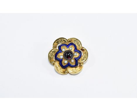 A Fine Victorian Period 14ct Gold Blue Enamel and Opal Brooch with Central Set Cabochon Cut Garnet. The Whole Being a Good Ex