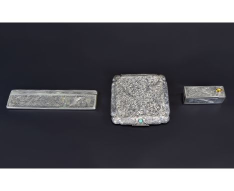 A Vintage Collection of Silver Items ( 3 ) In Total. Comprises 1/ Silver Square Shaped Hinged Compact with Elaborate and Styl