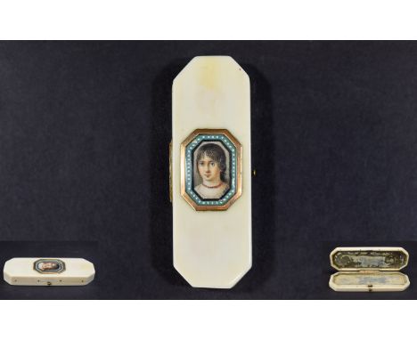 Regency - Fine Quality Rectangular Shaped Ivory Hinged Toothpick Box. c.1780 - 1800 with Hand Painted Portrait Miniature of a