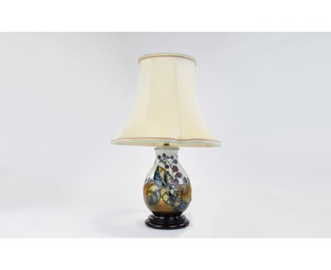 Moorcroft Modern Lamp Base with Cream Shade, Bramble ( Blackberries ) Pattern. Designer Sally Tuffin, Date 1998. Height 10.5 