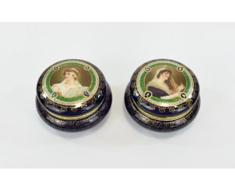 Royal Vienna Alexandra Porcelain Works Very Fine Pair of Hand Painted Portrait Lidded Trinket Jars/Boxes on a deep cobalt blu