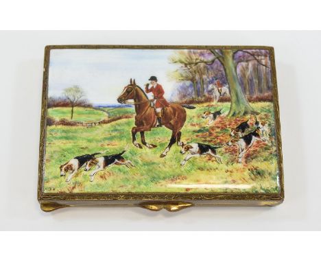 A Fine Gilt and Enamel Lidded Box with a wonderful quality enamel cover features a hunting scene with seated lady rider and h