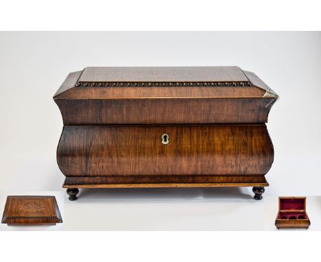 Regency - Rosewood and Marquerty Inlaid Sarcophagus Shaped Double Tea Caddy, Marquerty Inlay to Cover, Mother of Pearl Escutc