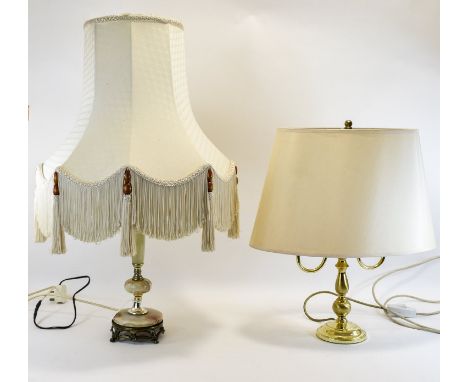 Modern Table Lamps ( 2 ) One with Expensive Shade and Onyx Base and Column. Stands 30 Inches High + a Brass Table Lamp with S