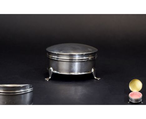 Edwardian - Ladies Dressing Table Silver Round Lidded Trinket Box, Raised on 3 Splayed Claw Feet with Velvet Interior. Hallma