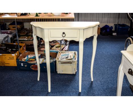 Console Table Contemporary cream painted wood table of semi circular form with central drawer. Approx dimensions, 30.5 inches