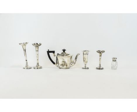 Small Mixed Lot Of Silver Comprising 4 Trumpet Shaped Specimen Vases With Loaded Bases AF, Silver Hallmarked Teapot And Silve