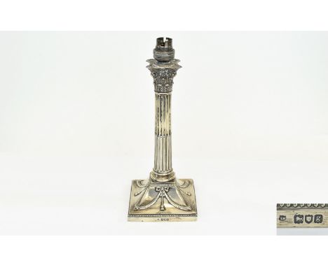 Edwardian - Classical Shaped Silver Candle Stick with Corinthian Column and Swags and Garland Splayed Base. Hallmark London 1