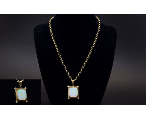 A Large and Impressive 14ct Gold Opal and Diamond Set Pendant with Attached 9ct Gold Belcher Chain, The Large Opal Set with D