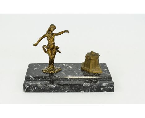 Art Deco Desk Tidy, Marble Base With Recess, Architectural Inkwell And Figural Stand