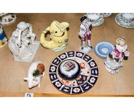 Small Collection of Ceramics Including Royal Crown Derby Plate, Fish Design Jug, 2 Wedgwood Dishes, Pair of Ceramic Figures e