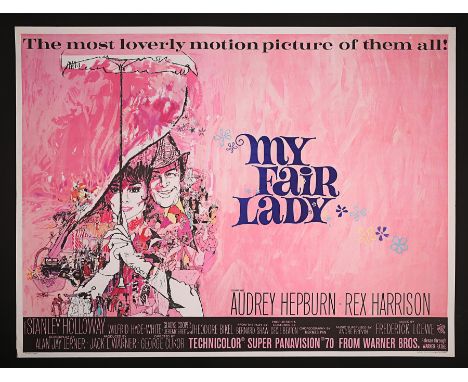 Artist: Bob PeakA rare unfolded printers proof UK Quad poster for the Audrey Hepburn musical, "My Fair Lady" (1964). The Quad