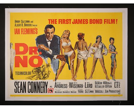 Artist: Mitchell HooksA linen-backed UK Quad poster for the debut James Bond film "Dr No" (1962). The Mitchell Hooks poster d