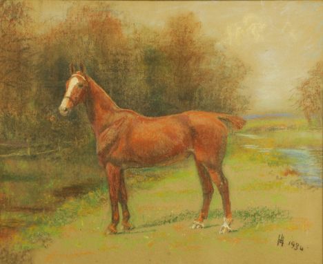 English School, 20th century, equestrian study of a horse in naturalistic setting, monogrammed LH and dated 1934, pastel on b