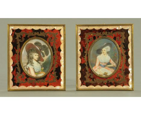A pair of decorative portrait miniatures of Gainsborough style ladies, 20th century, mounted oval and within a brass and faux