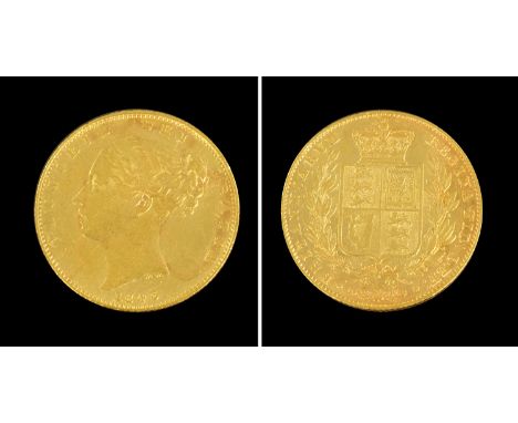 A Victorian sovereign, 1843, young head L., Rev: crowned shield of arms within wreath, second I of Britanniarum is a reversed