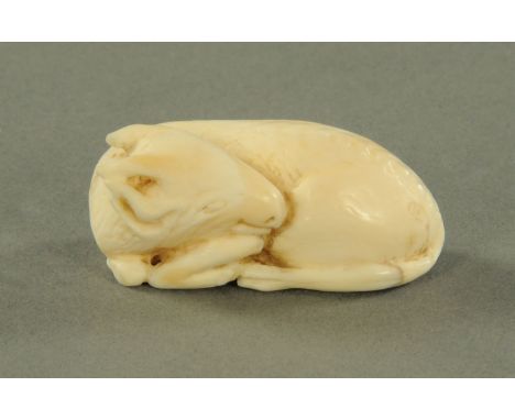 A carved ivory netsuke, early 20th century, modelled as a recumbent deer, unsigned.  Length 5 cm. 