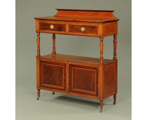 An Edwardian inlaid mahogany and satinwood crossbanded dumbwaiter, with rear upstand, two drawers, open shelf and pair of cup