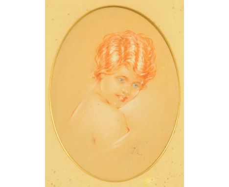 Augustus John OM RA (1878-1961), quarter length portrait of a young girl, signed John, coloured chalks, mounted oval.  28.7 c