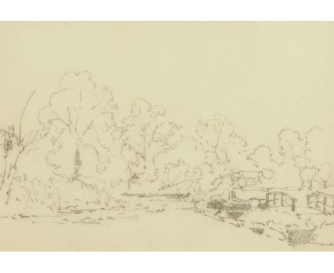 Benjamin Williams Leader R.A. (British 1831-1923), "Distant View of A Cottage by A Bridge", pencil sketch.  17 cm x 25 cm, Fr