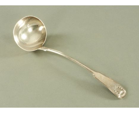 A William IV Scottish silver fiddle and shell patterned soup ladle by Elder &amp; Co. Edinburgh, 222 grams.  Length +/- 32 cm