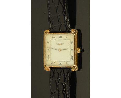 A vintage Longines silver gilt gentleman's wristwatch, manual, square, with Roman numerals.  Case width 30 mm.