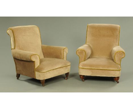 A pair of late 19th century armchairs, with scroll back rests and arm rests upon a deep seat, upholstered in a green chenille