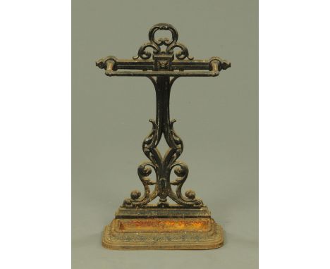 A 19th century cast iron hall stick stand, with detachable drip tray.  Height 68 cm, width 43 cm.