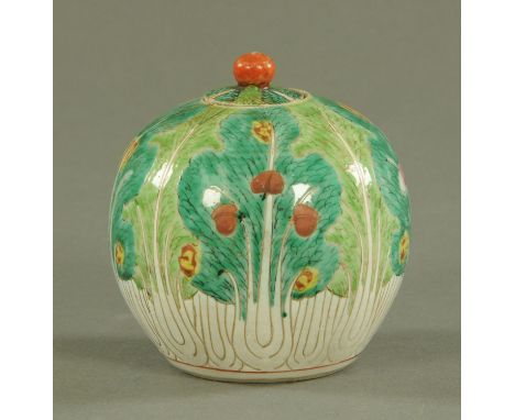 A Chinese Pak Choi vase and cover, 19th century, with knop finial on a globular body decorated with light and dark green leav