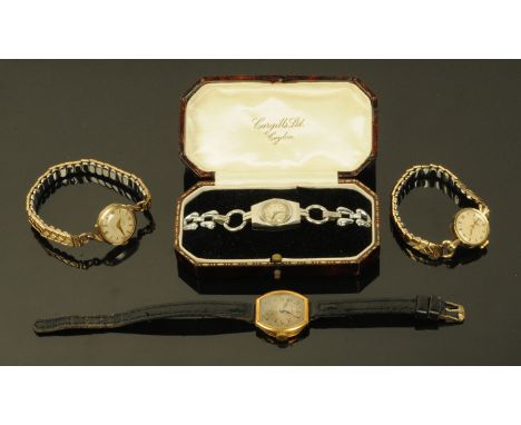 A ladies Art Deco 18 ct gold cased Studio wristwatch, two further 9 ct gold cased ladies wristwatches by Longines and Burnex 