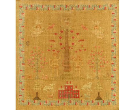 A 19th century sampler, Adam and Eve, angels, animals and house.  30 cm x 29.5 cm, framed.