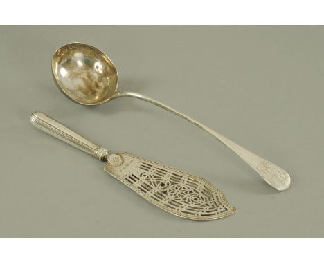 A George III silver fish slice, William Plummer, London 1781, with pierced blade and beaded handle, and a George III silver l