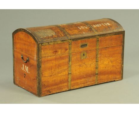 A 19th century cedarwood dome topped cabin trunk, metal bound and with carrying handle to either sides.  Width 94.5 cm.  COND