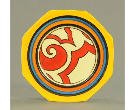 A Clarice Cliff bizarre octagonal plate, circa 1929, having an orange scroll centre outlined in black between black, orange, 