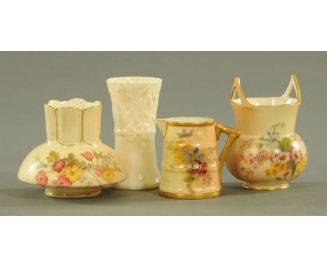 Three pieces of Royal Worcester blush ground, to include a vase, shape No. 991 date code 1904, a two handled pot, shape No. 8