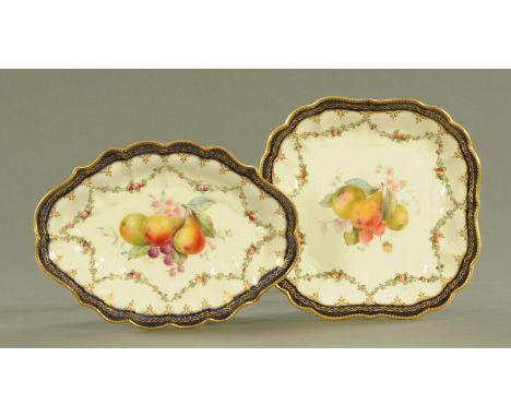 A Royal Worcester porcelain square dish, hand painted with fruit and signed E Phillips, within a fruit and gilt scroll garlan